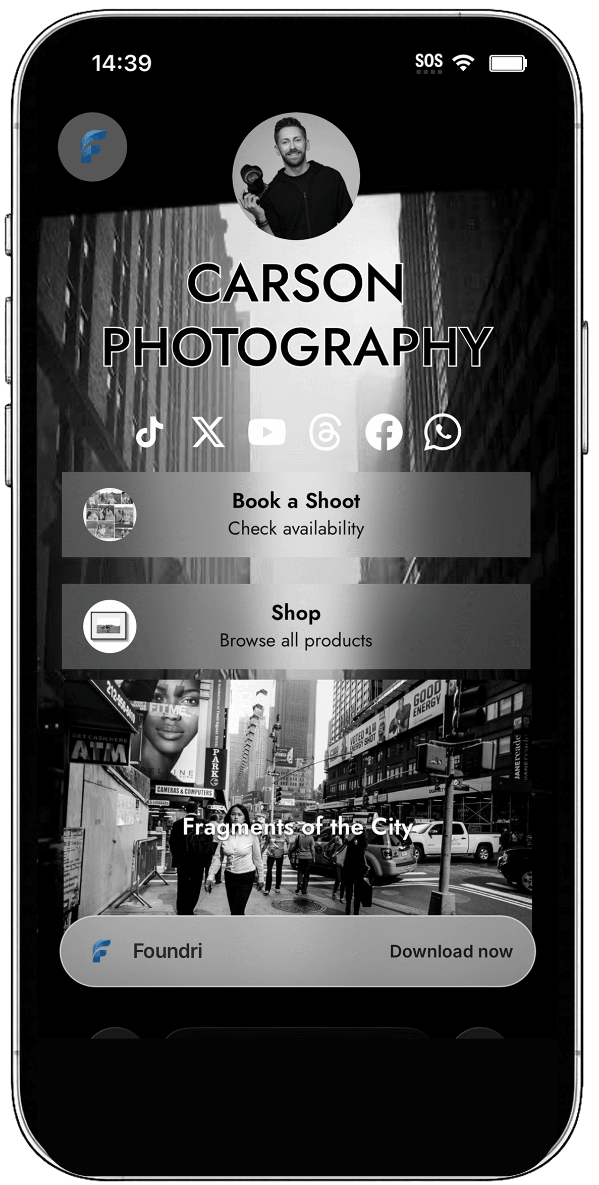 Foundri branded client page — booking, shop, and reviews in one link
