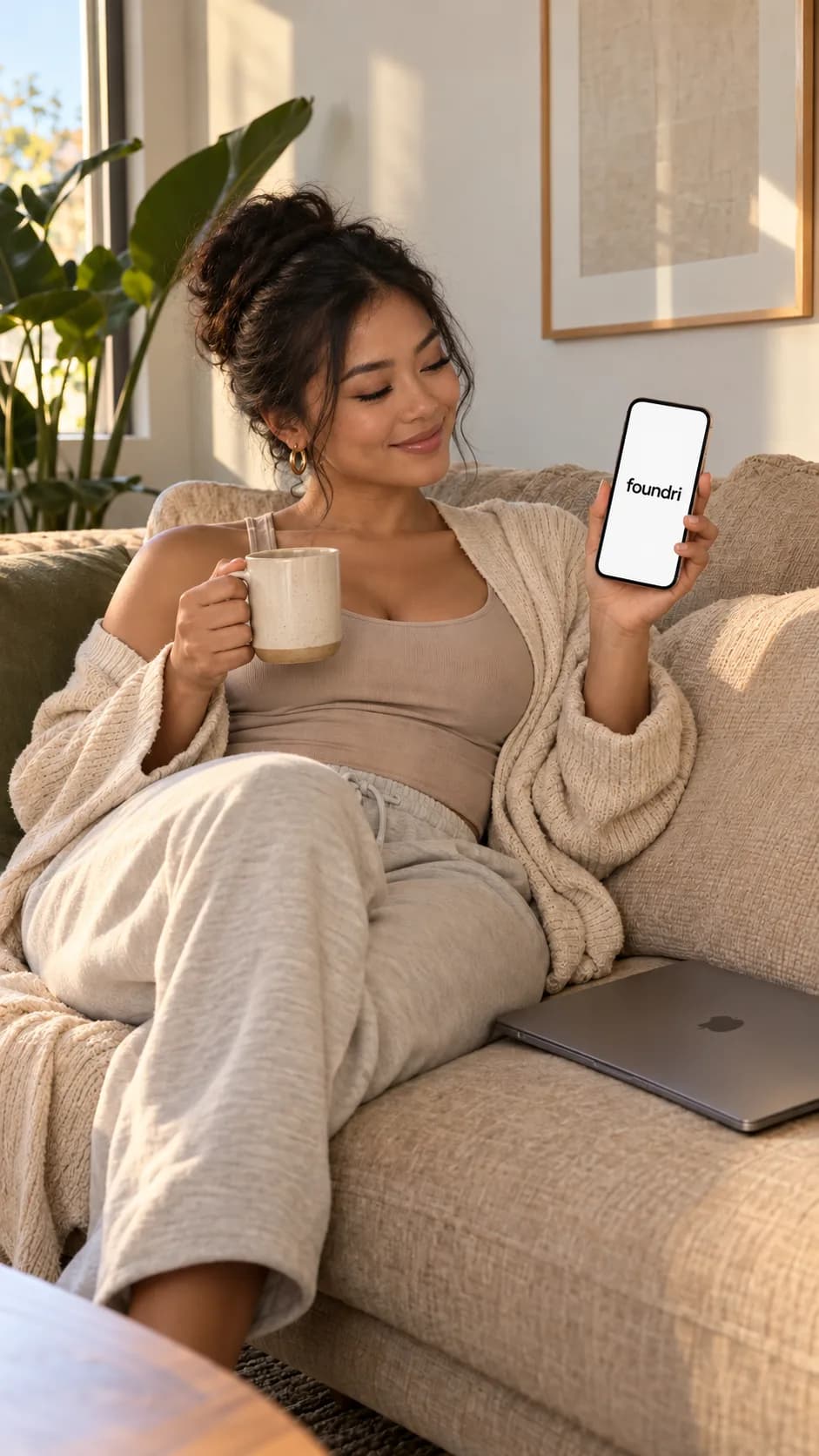 Pro relaxing on her couch with coffee, holding a phone showing foundri, laptop closed beside her