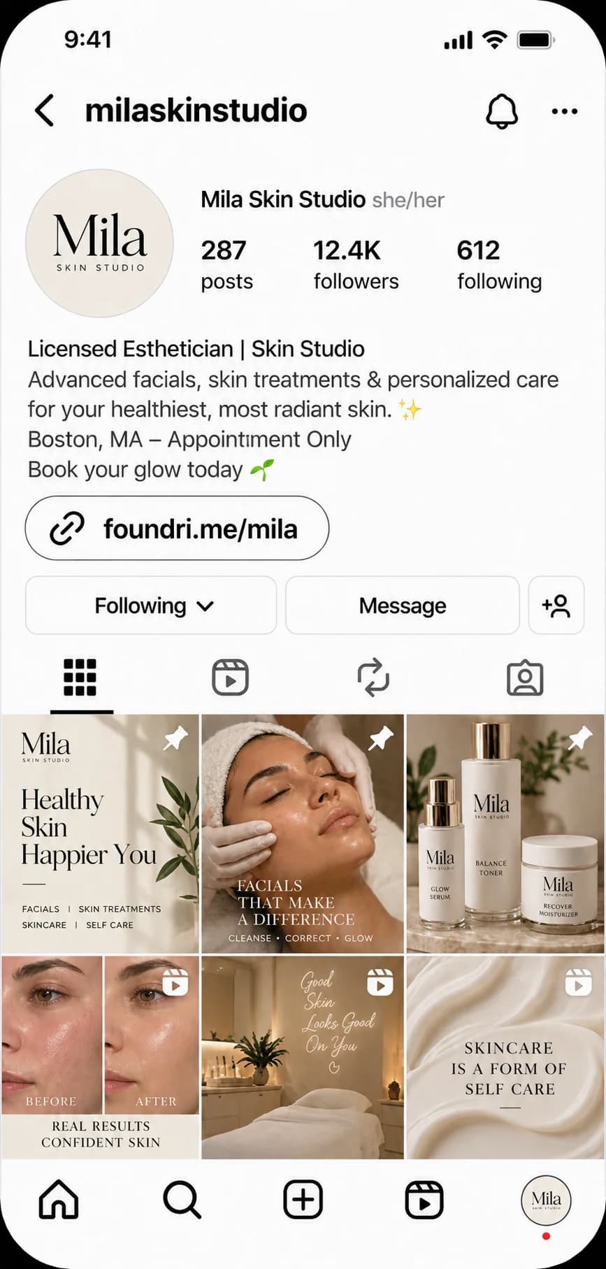 Mila Skin Studio’s Instagram profile with a foundri.me/mila link in bio