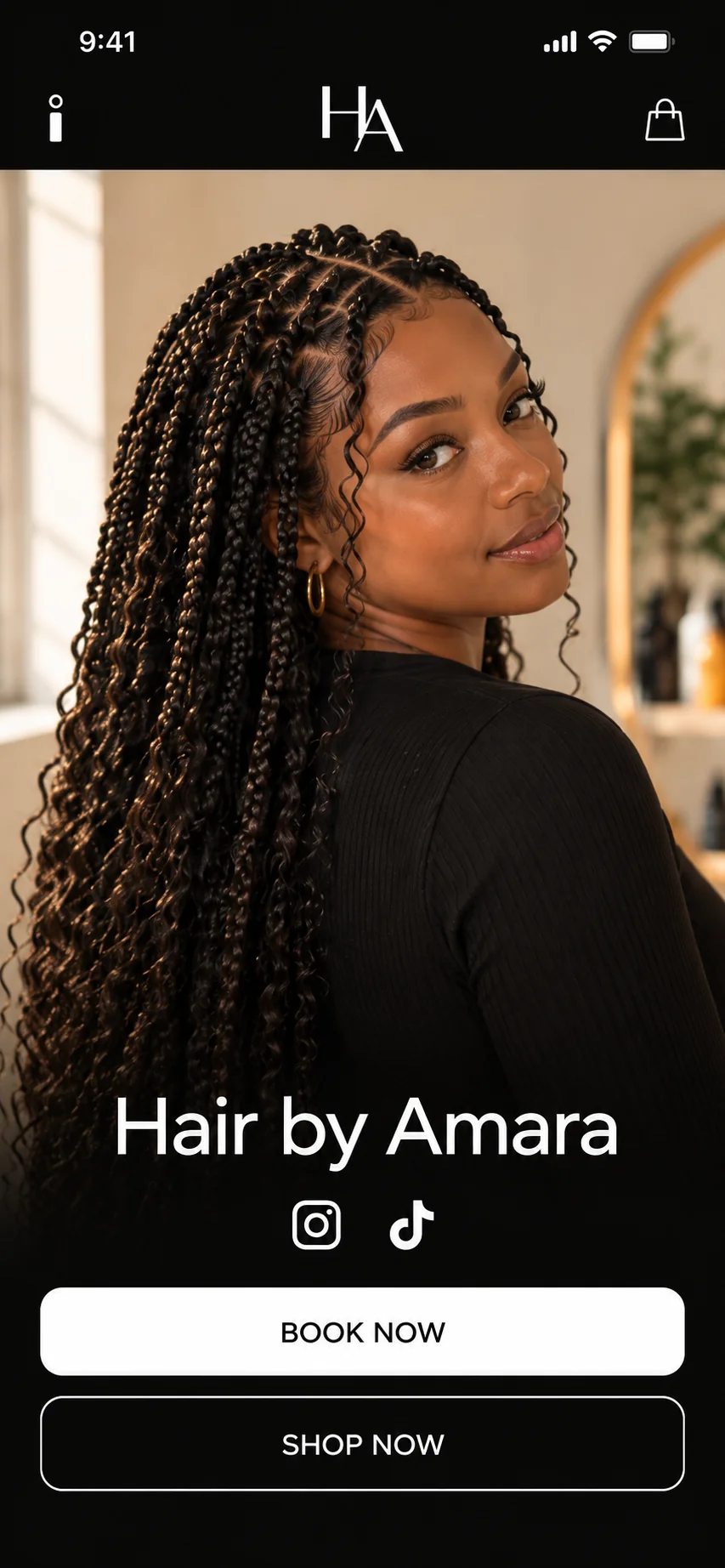 Hair by Amara’s foundri.me page with Book now and Shop now buttons