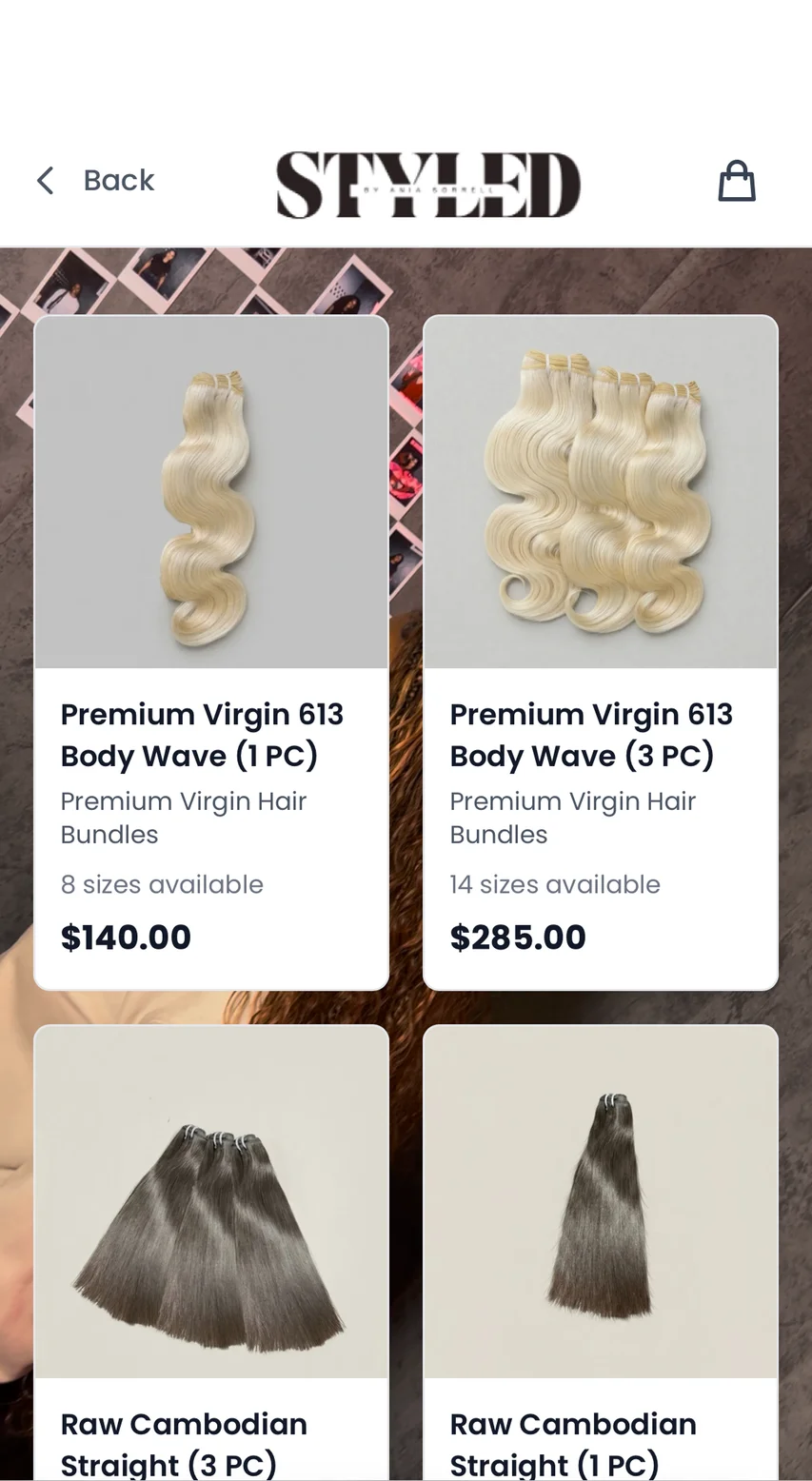 Styled by Ania Sorrell’s foundri shop with hair bundles and prices