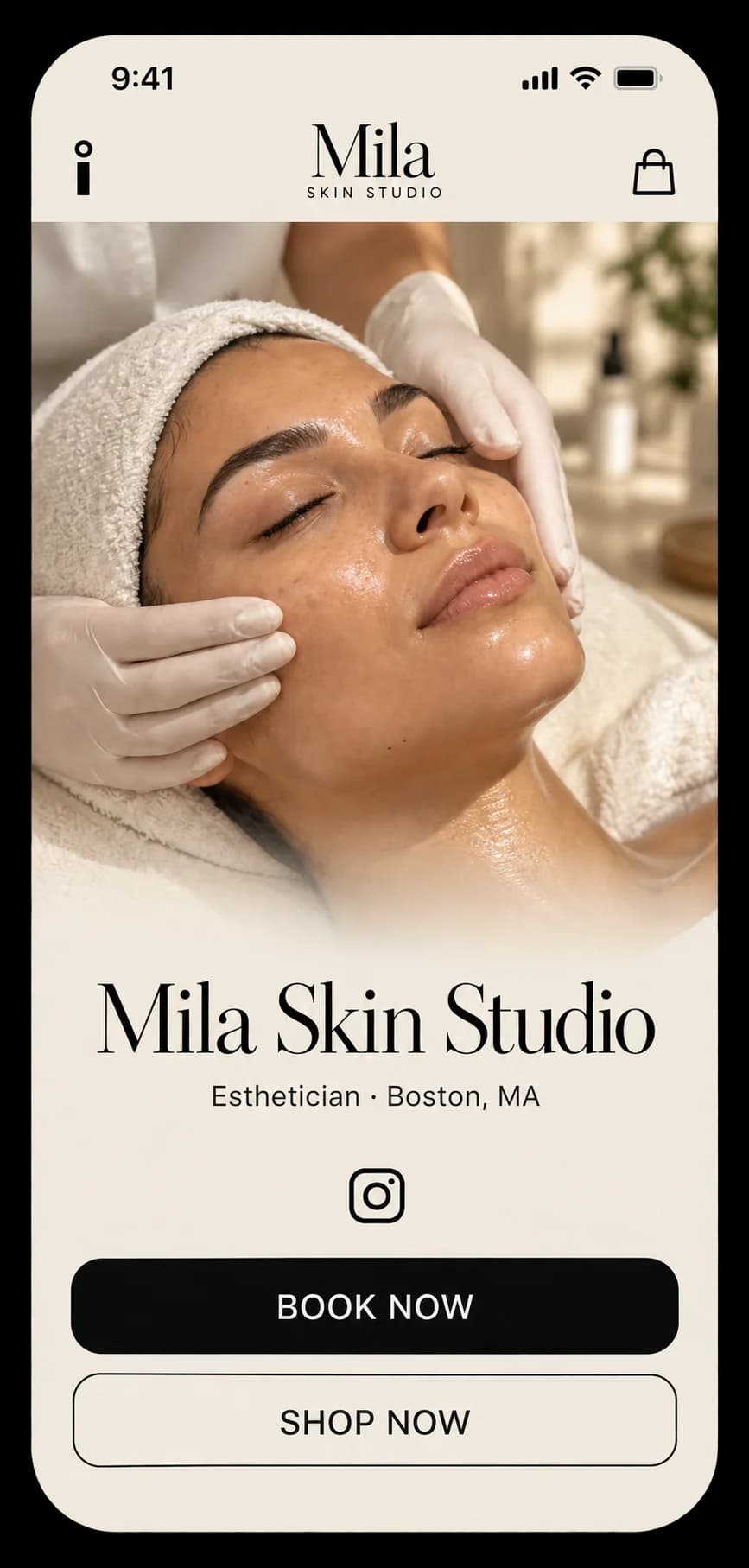 Mila Skin Studio’s foundri.me page with Book now and Shop now buttons