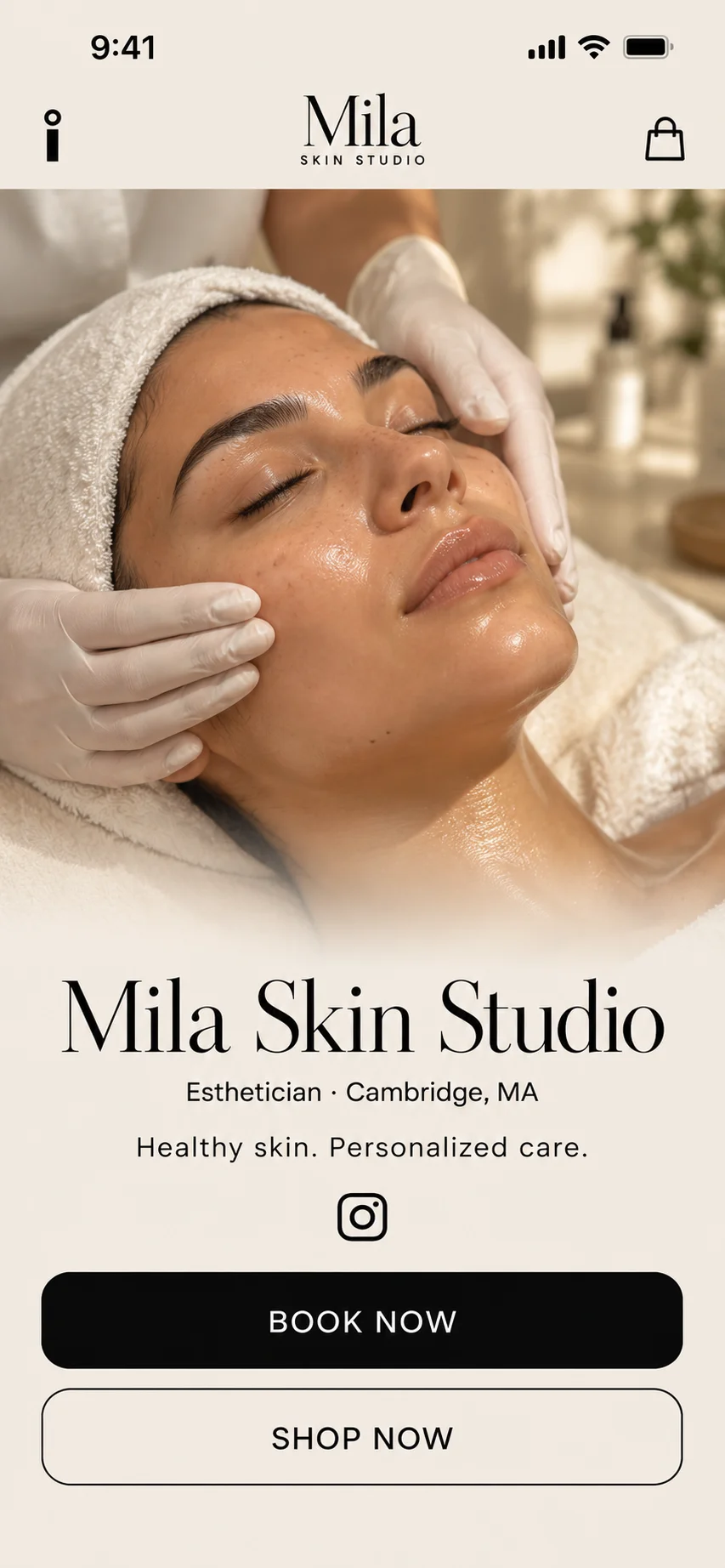 Mila Skin Studio’s foundri.me page with Book now and Shop now buttons